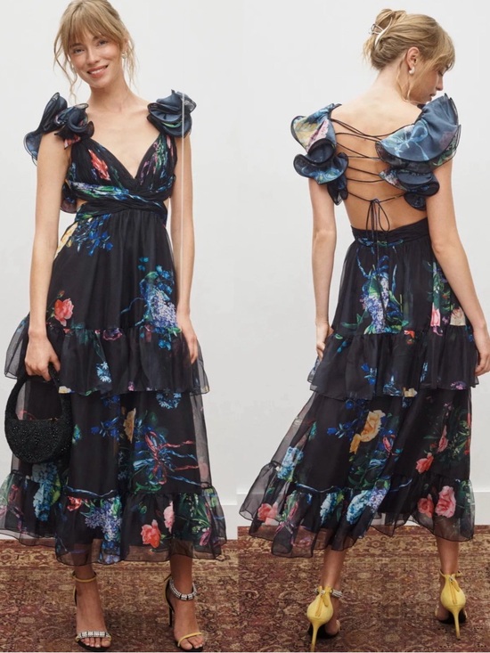 Mac Duggal Dresses & Skirts - Mac Duggal Black Ruffle Tiered Floral Cut-Out Chiffon Dress Sz 6.